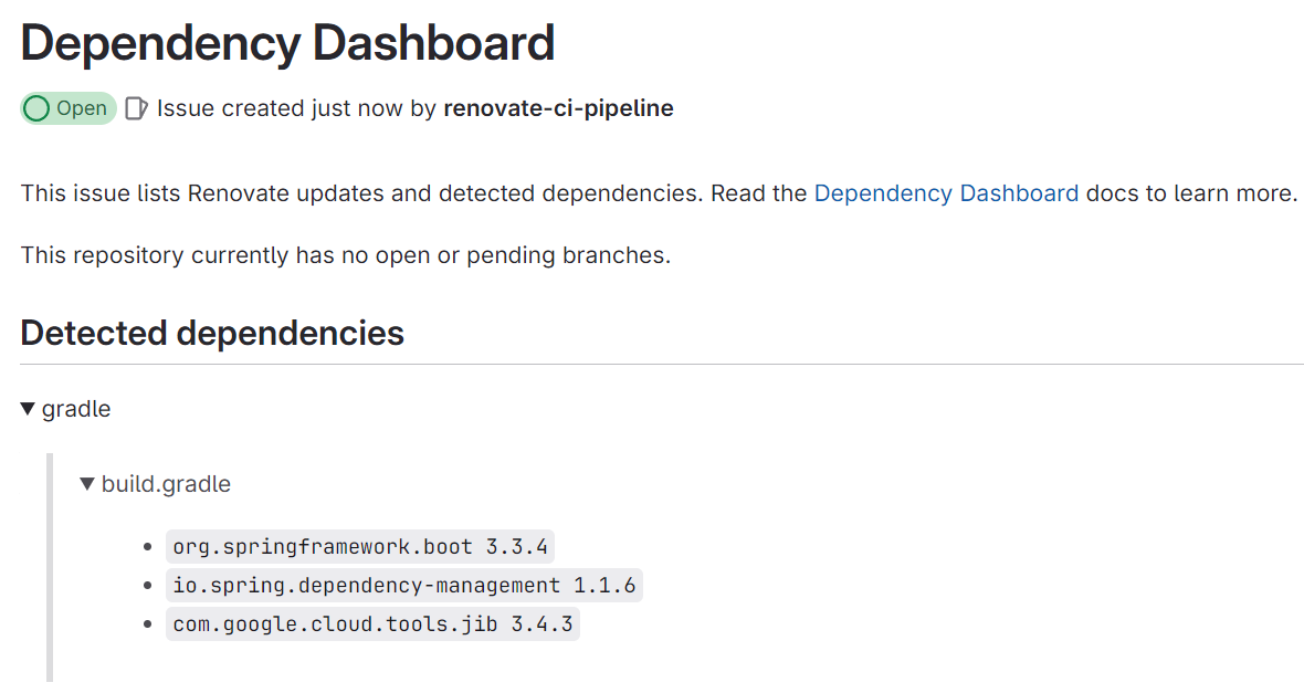 Capture de l’issue Dependency Dashboard créée par Renovate, ne montrant pas l’image utilisée par JIB