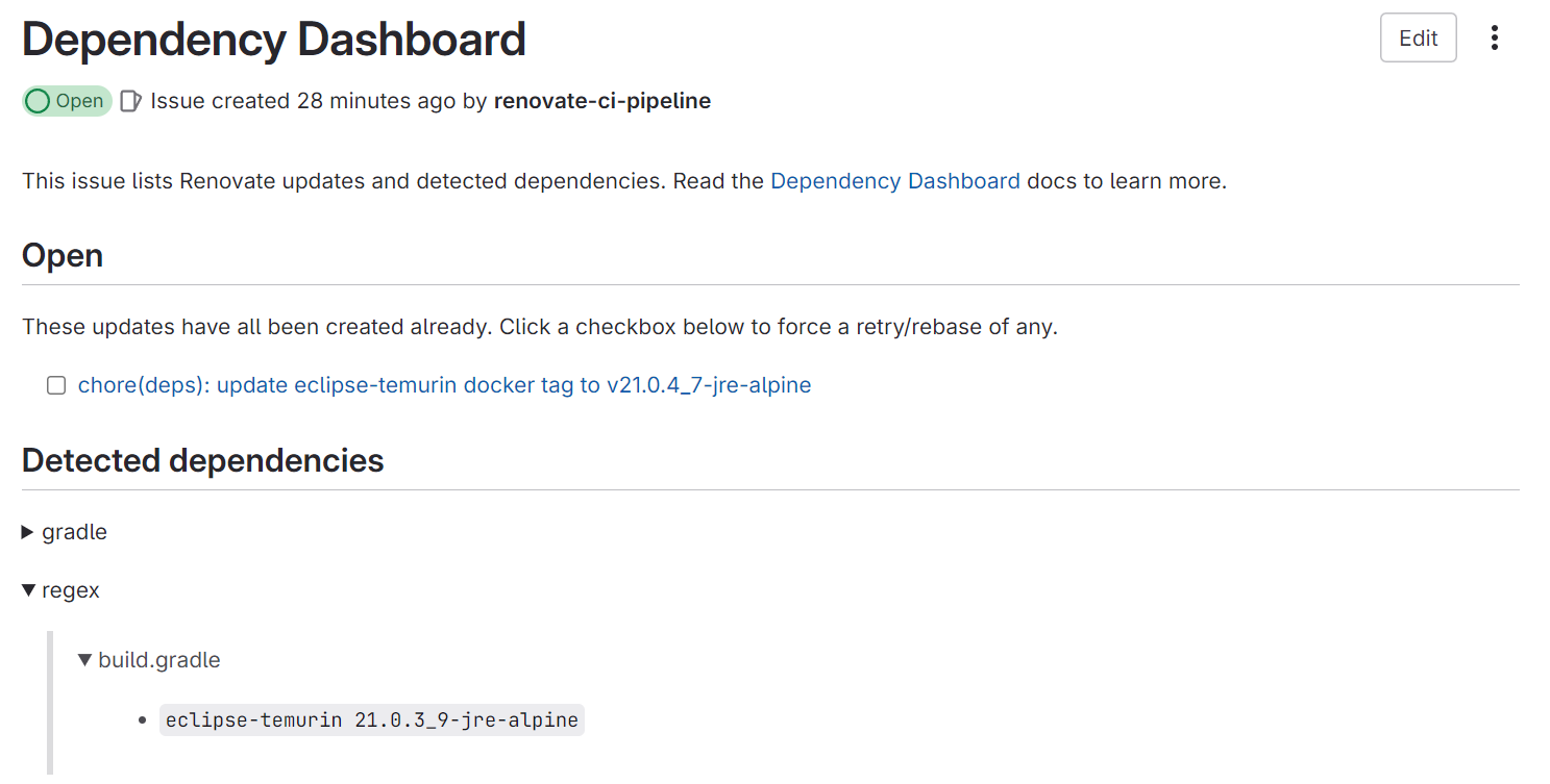 Capture de l’issue Dependency Dashboard créée par Renovate, montrant bien l’image utilisée par JIB et proposant sa mise à jour